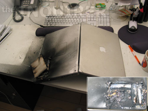 Powerbook after explosion; Inset: Battery